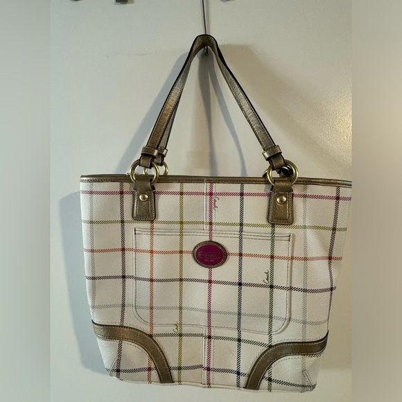 COACH Handbag White with Multicolor Plaid / Square Pattern with matching wallet - Picture 2 of 3